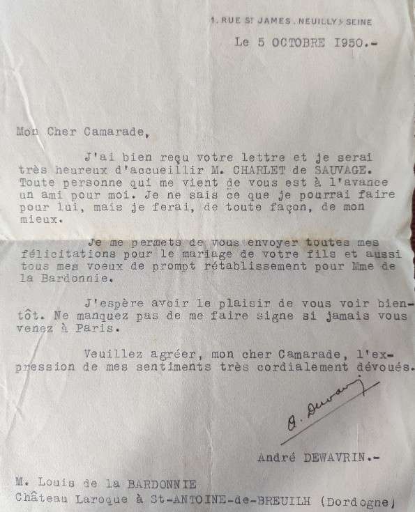 Lettre Colonel Passy 1950